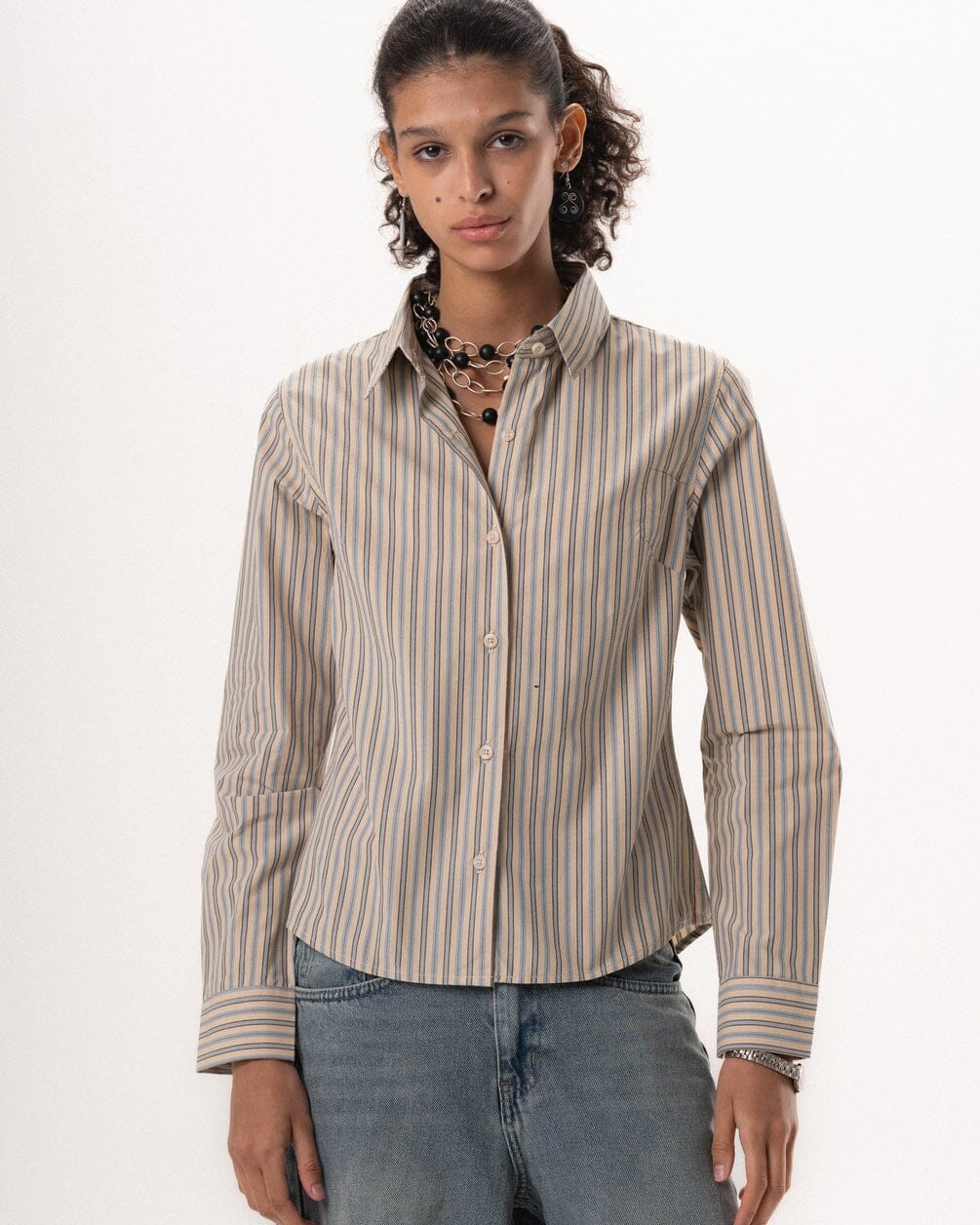 Female Beige Striped Regular Shirt Regular Shirts IN YOUR SHOE M 