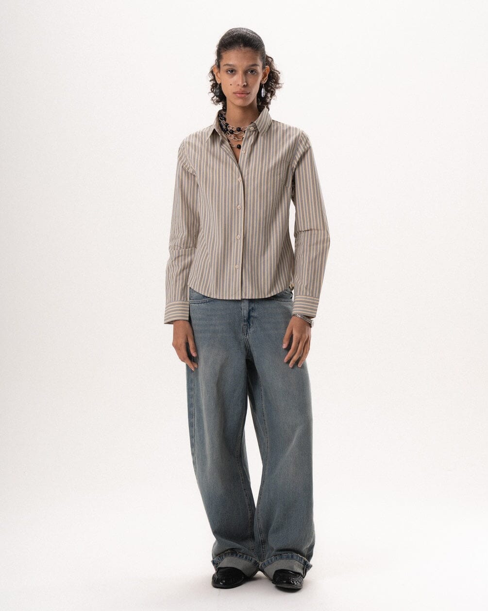 Female Beige Striped Regular Shirt Regular Shirts IN YOUR SHOE S 