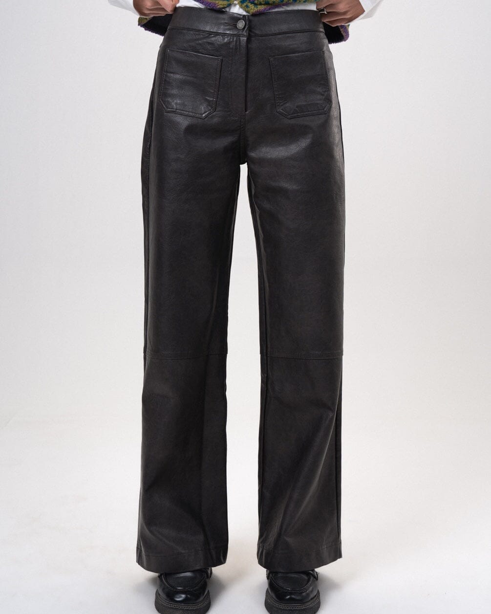 Female Black Washed Wide Leg Leather Pants Leather Pants IN YOUR SHOE L 