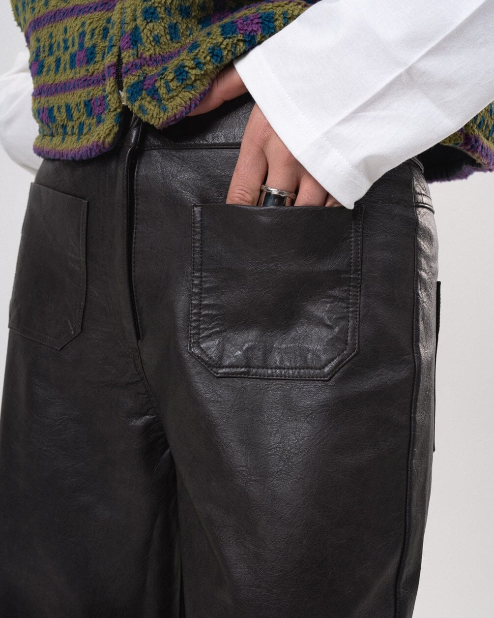 Female Black Washed Wide Leg Leather Pants Leather Pants IN YOUR SHOE 