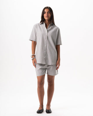 Female Grey Striped Oversized Short Sleeve Shirt Short Sleeve Shirt IN YOUR SHOE L 