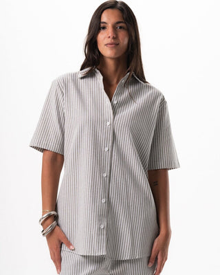 Female Grey Striped Oversized Short Sleeve Shirt Short Sleeve Shirt IN YOUR SHOE S 