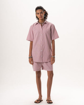 Female Red Striped Oversized Short Sleeve Shirt Short Sleeve Shirt IN YOUR SHOE S 