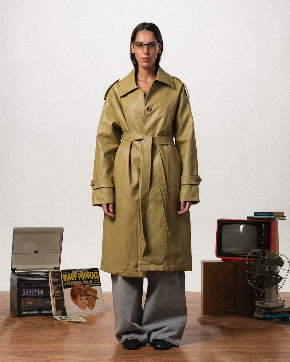 Female Sage Green Oversized Leather Coat Coats IN YOUR SHOE S 