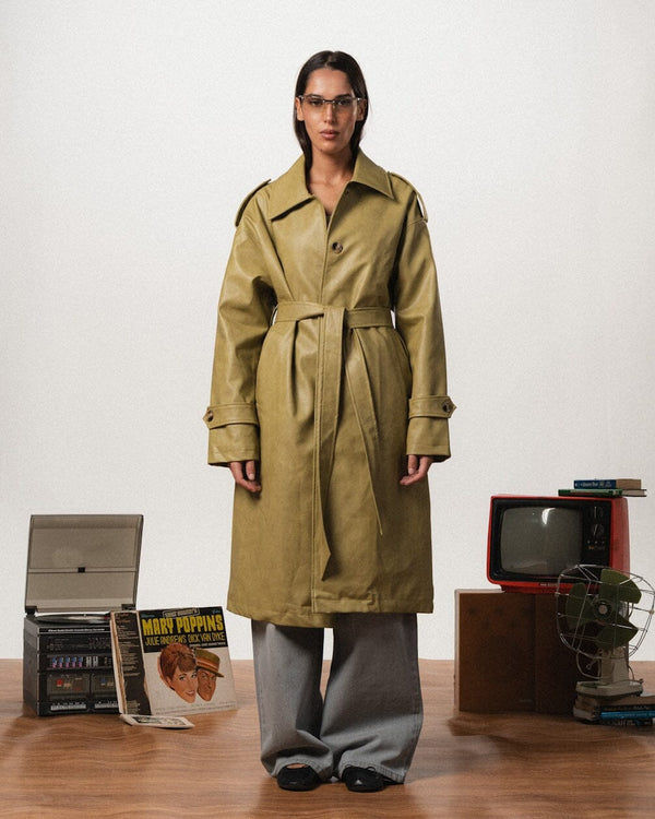Female Sage Green Oversized Leather Coat