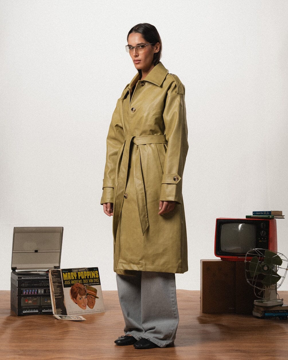 Female Sage Green Oversized Leather Coat Coats IN YOUR SHOE 