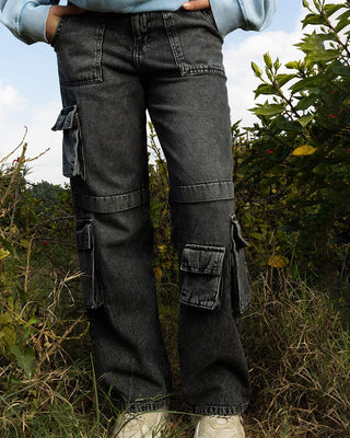 Female Wide-leg Grey Washed Cargo Jeans Jeans IN YOUR SHOE 38 