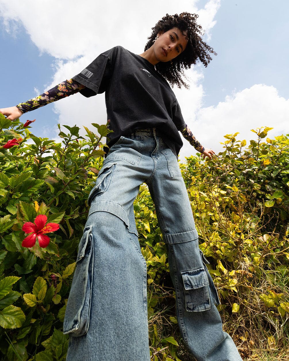 Female Wide-leg Light Blue Washed Cargo Jeans Jeans IN YOUR SHOE 36 