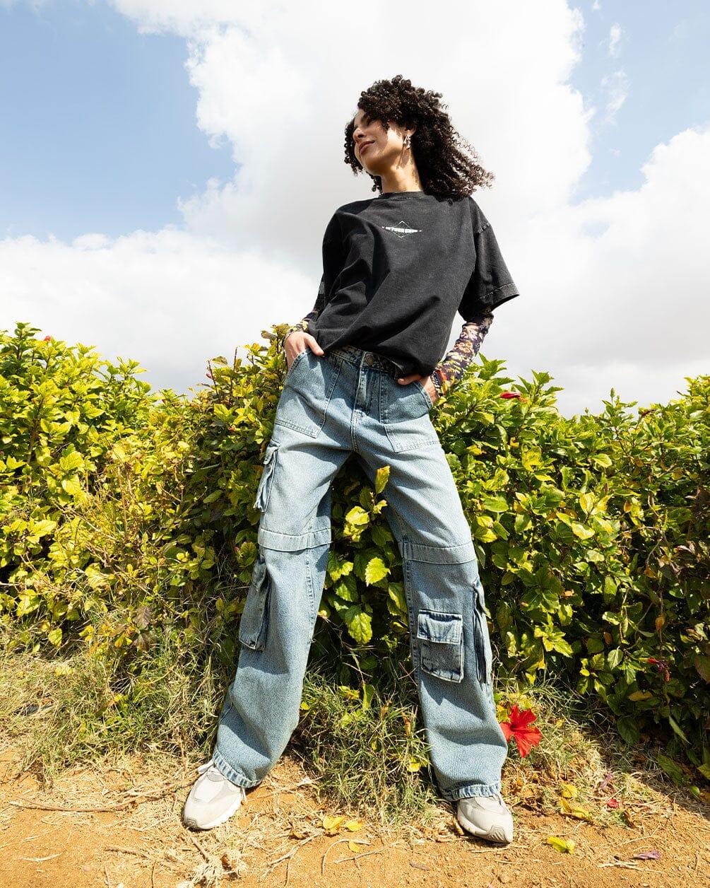 Female Wide-leg Light Blue Washed Cargo Jeans Jeans IN YOUR SHOE 34 