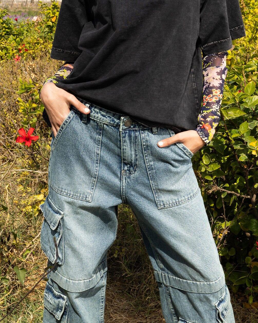 Female Wide-leg Light Blue Washed Cargo Jeans Jeans IN YOUR SHOE 40 