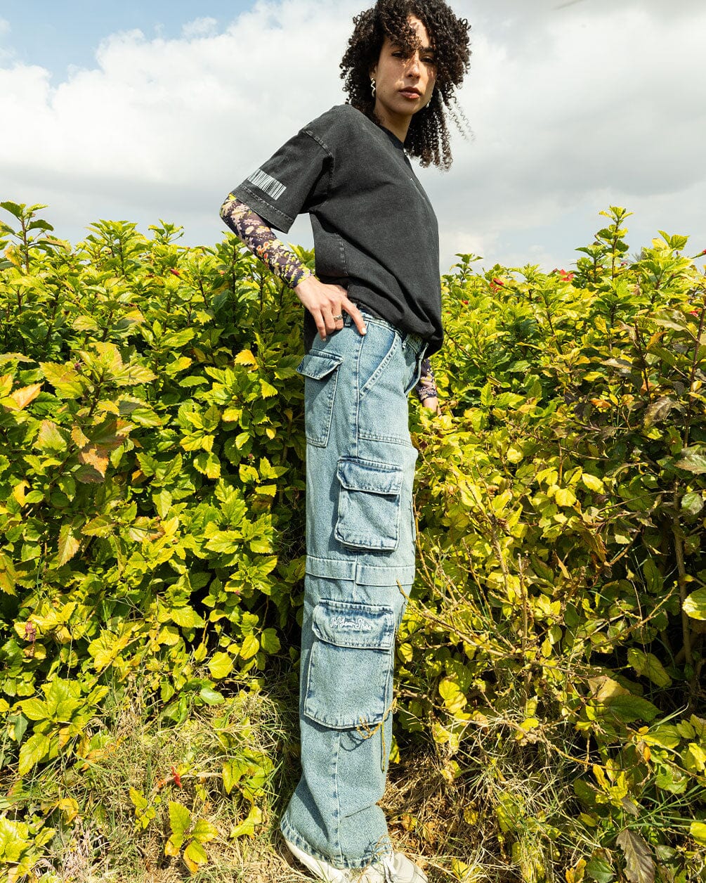 Female Wide-leg Light Blue Washed Cargo Jeans Jeans IN YOUR SHOE 38 