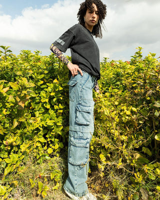 Female Wide-leg Light Blue Washed Cargo Jeans Jeans IN YOUR SHOE 38 