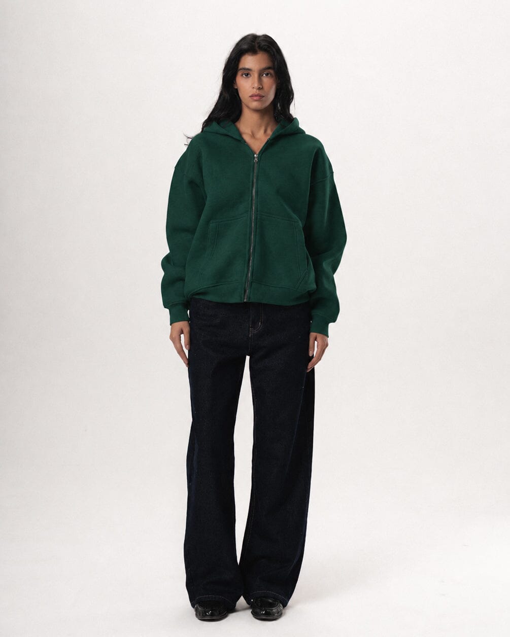 Green Basic Boxy Zip-Up Hoodie Zip Up Hoodies IN YOUR SHOE M 