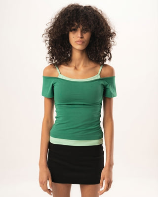 Green Off Shoulder Double Layered Top Tops IN YOUR SHOE M 