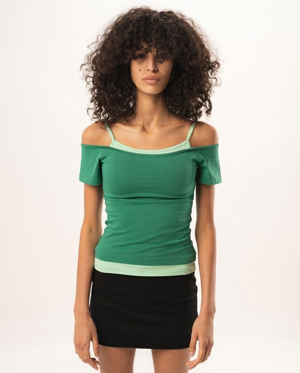 Green Off Shoulder Double Layered Top