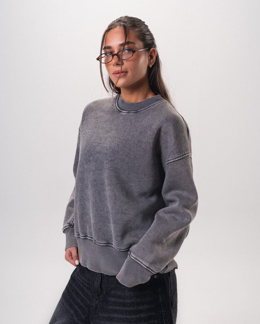 Grey Boxy Washed Crewneck Acid Washed Crewnecks IN YOUR SHOE 