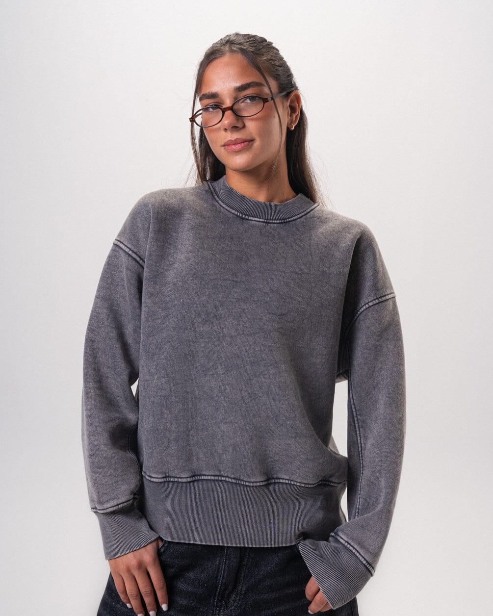 Grey Boxy Washed Crewneck Acid Washed Crewnecks IN YOUR SHOE L 
