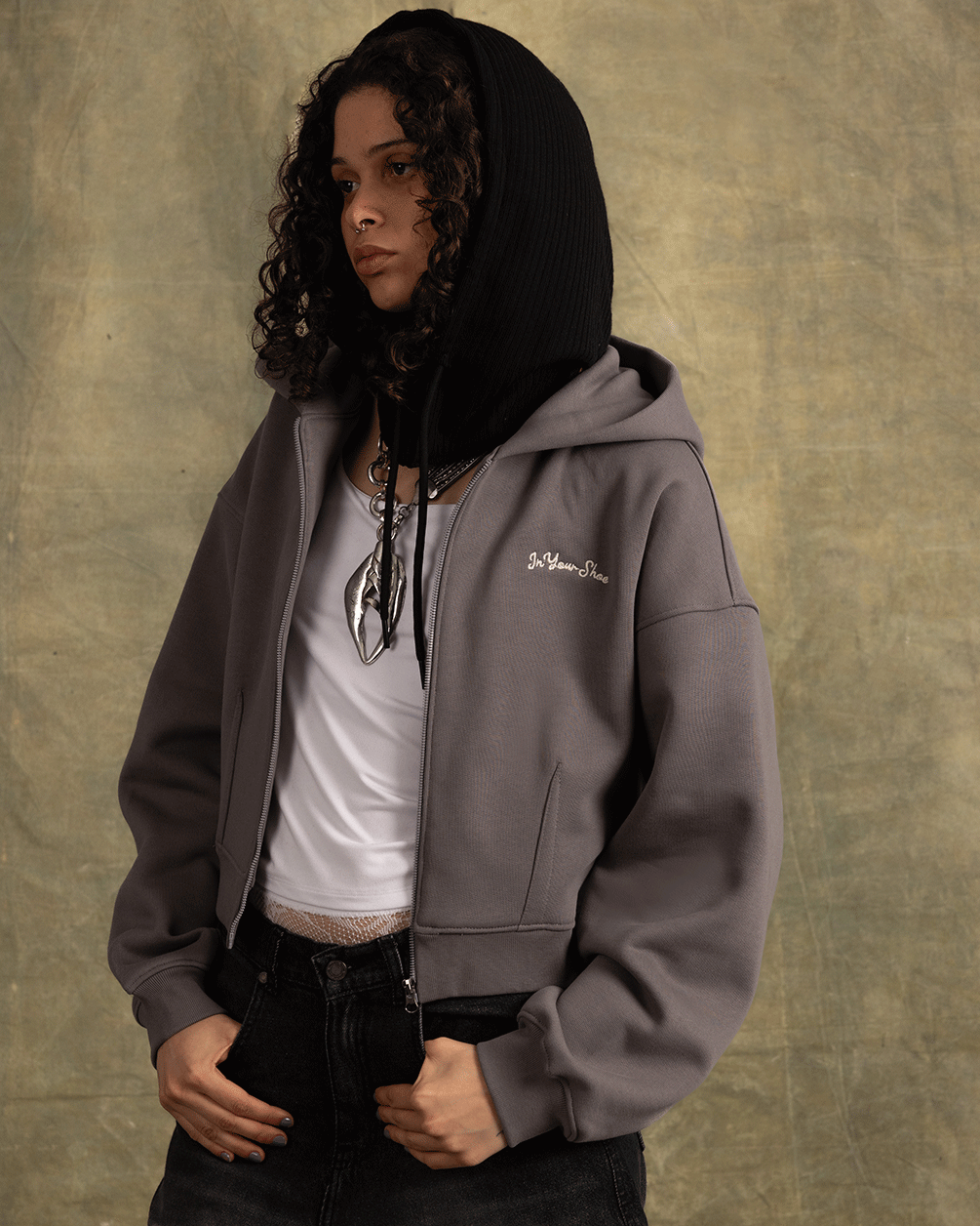 Grey Cropped Oversized Zip-Up Hoodie Zip Up Hoodies IN YOUR SHOE S 