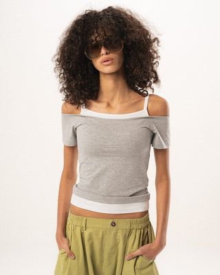 Heather Grey Off Shoulder Double Layered Top Tops IN YOUR SHOE S 