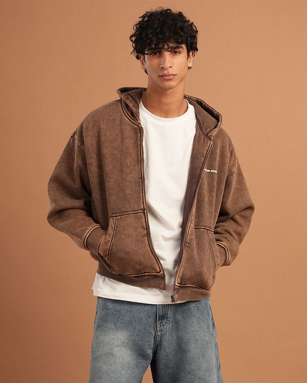 Khaki Washed Boxy Zip-Up Hoodie Zip Up Hoodies IN YOUR SHOE 