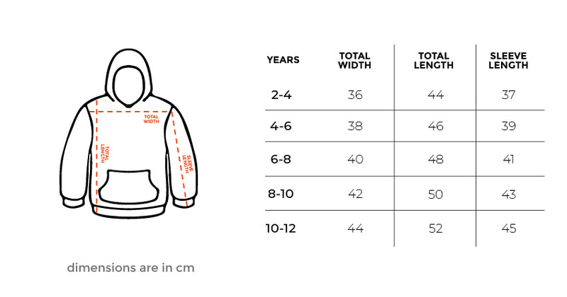 My Dog Ate My Homework Kids Hoodie size chart