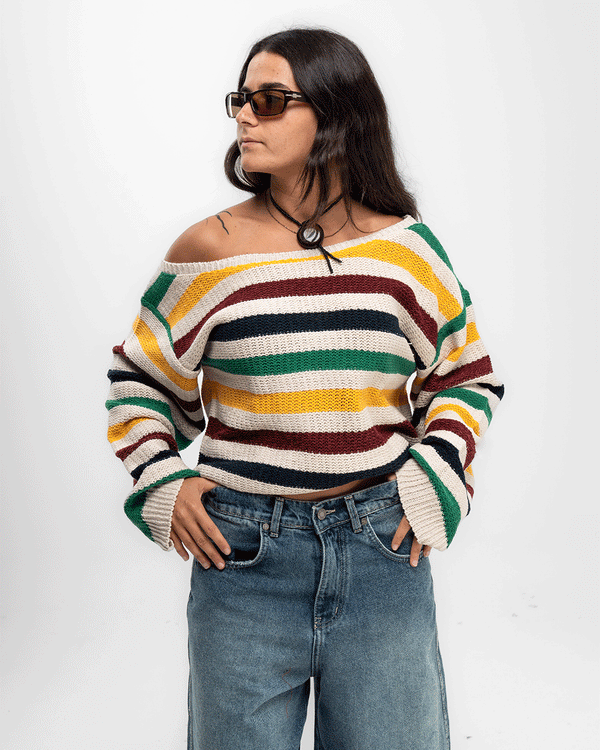 Multi-Chromatic Off Shoulder Sweater