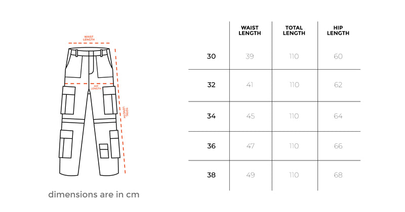 Grey Washed Multi-Pocket Cargo Jeans size chart