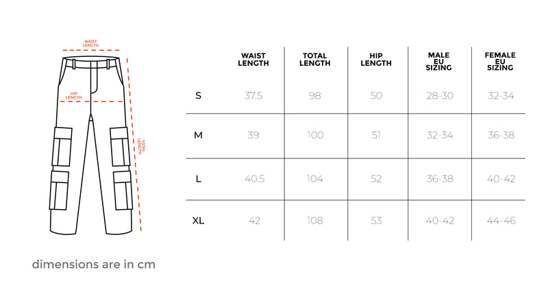 Beige Cargo Pants size chart