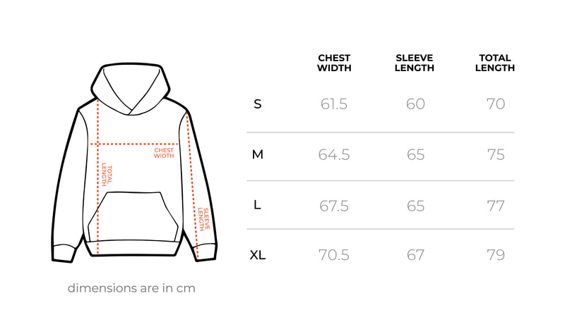 Emotional Hoodie size chart