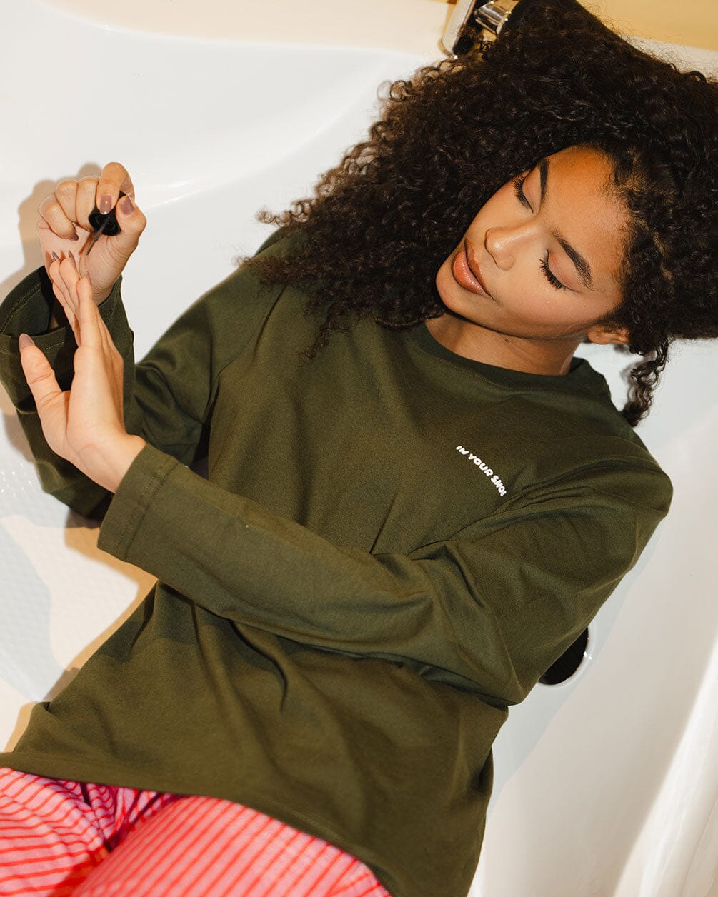 Olive Basic Long Sleeve Tee PJ Tops IN YOUR SHOE L 