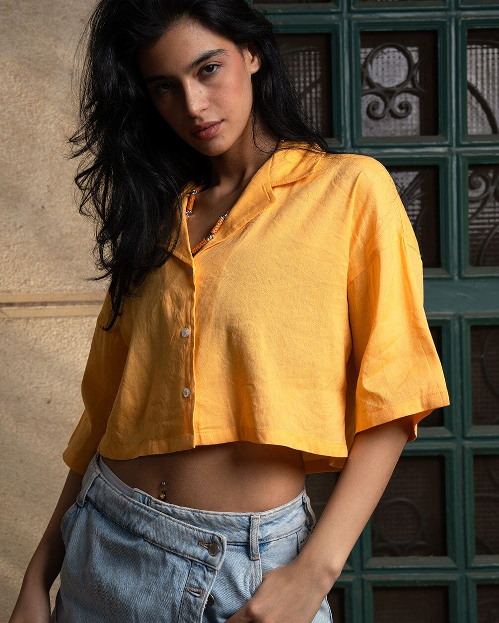 Pastel Orange Cropped Camp Shirt Cropped Shirt IN YOUR SHOE S 