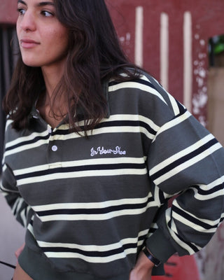 Petrol & Yellow Striped Cropped Rugby Polo Polo T-Shirts IN YOUR SHOE L 