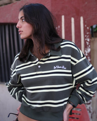 Petrol & Yellow Striped Cropped Rugby Polo Polo T-Shirts IN YOUR SHOE 