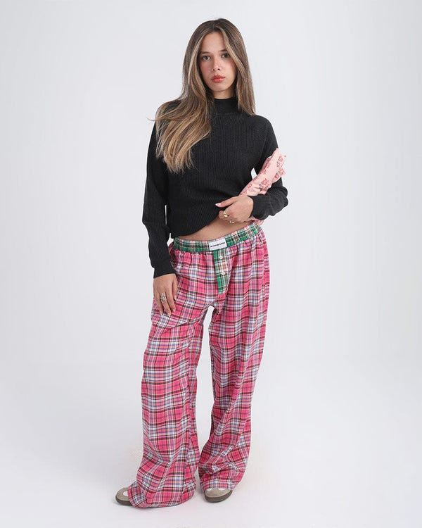 Pink Black Multicolor Plaid Boxer Pants