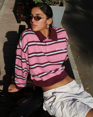 Pink Multicolor Striped Cropped Rugby Polo Polo T-Shirts IN YOUR SHOE S 