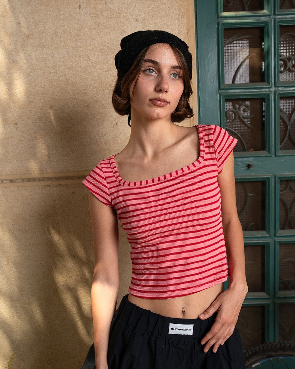 Pink Stripped Square Neck Top Tops IN YOUR SHOE 