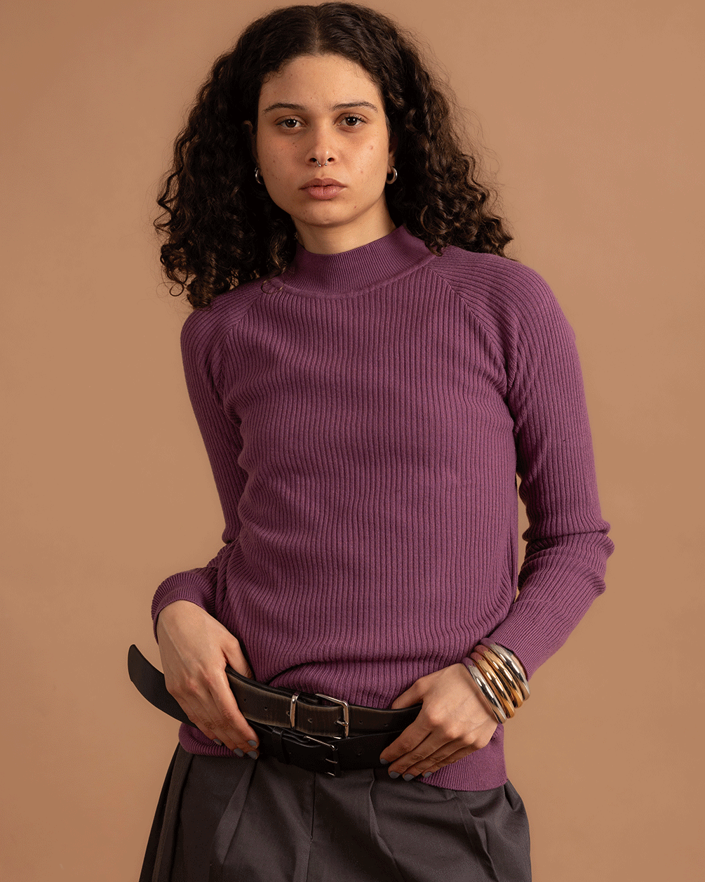 Purple Ribbed Mock Neck Top Neck Tops IN YOUR SHOE S 