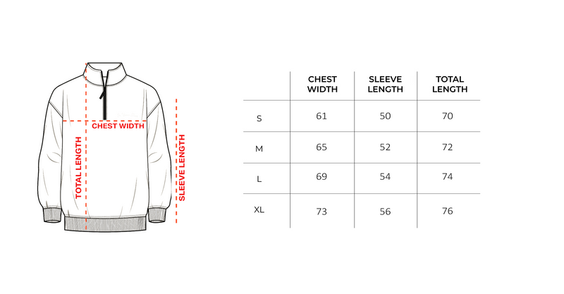 Black Oversized Quarter Zipper size chart