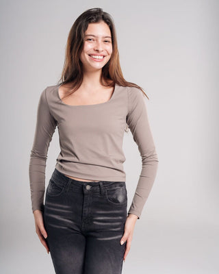 Rose Taupe Square Neck Top Long Sleeve Tops IN YOUR SHOE S 