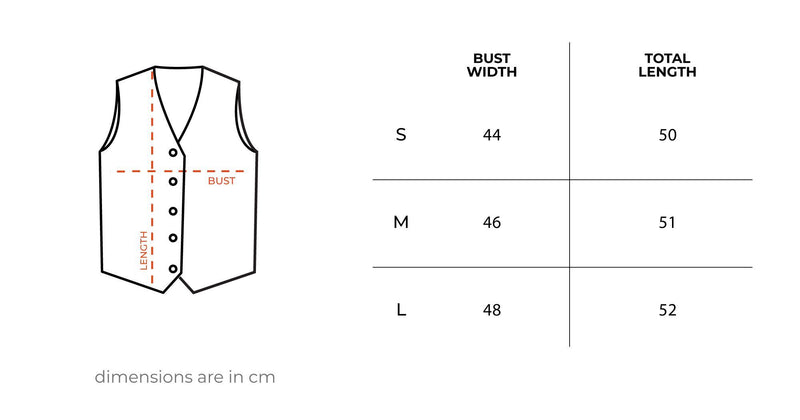 Teal Linen Vest size chart