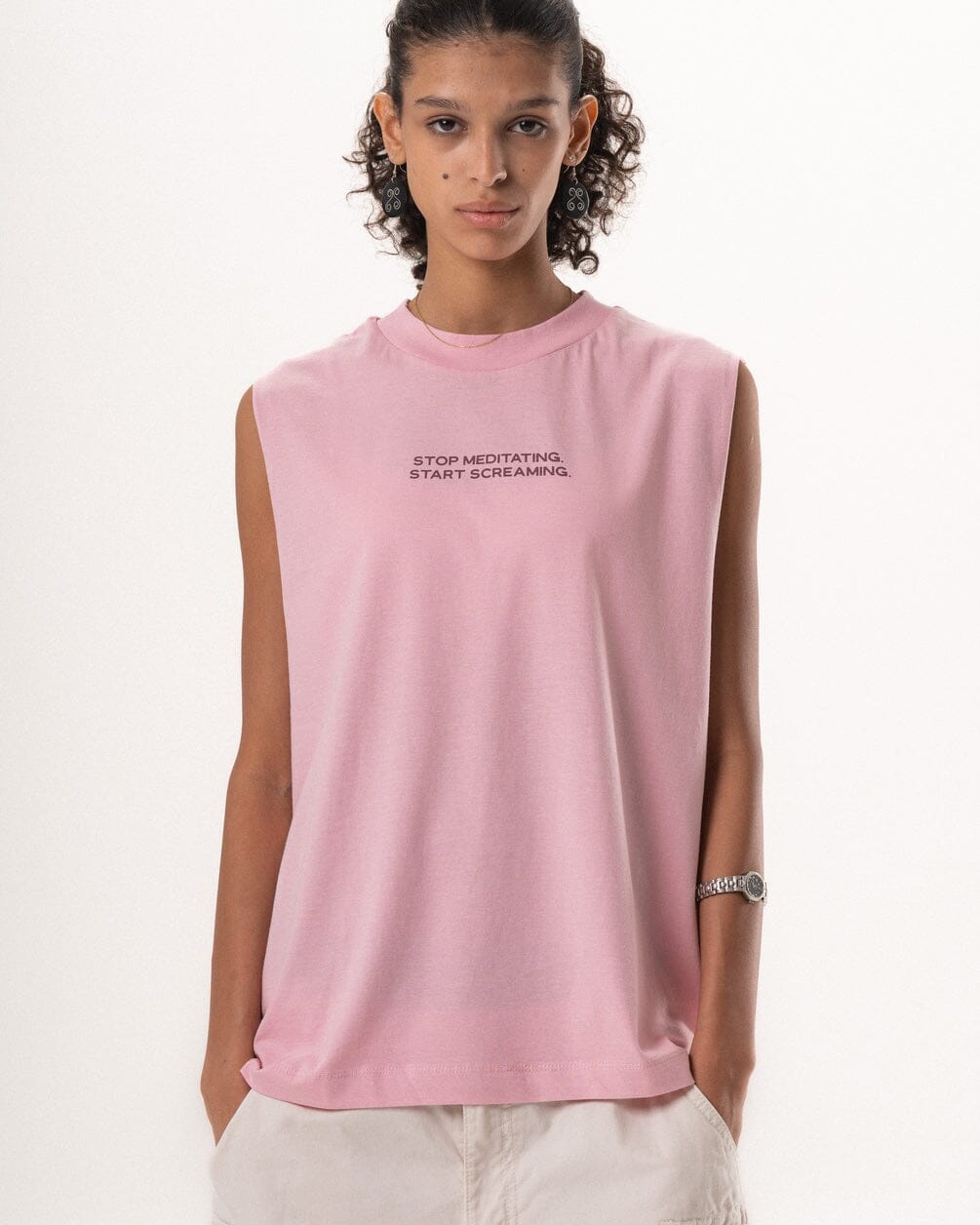 Stop Meditating Sleeveless Tee Sleeveless Tees IN YOUR SHOE M 