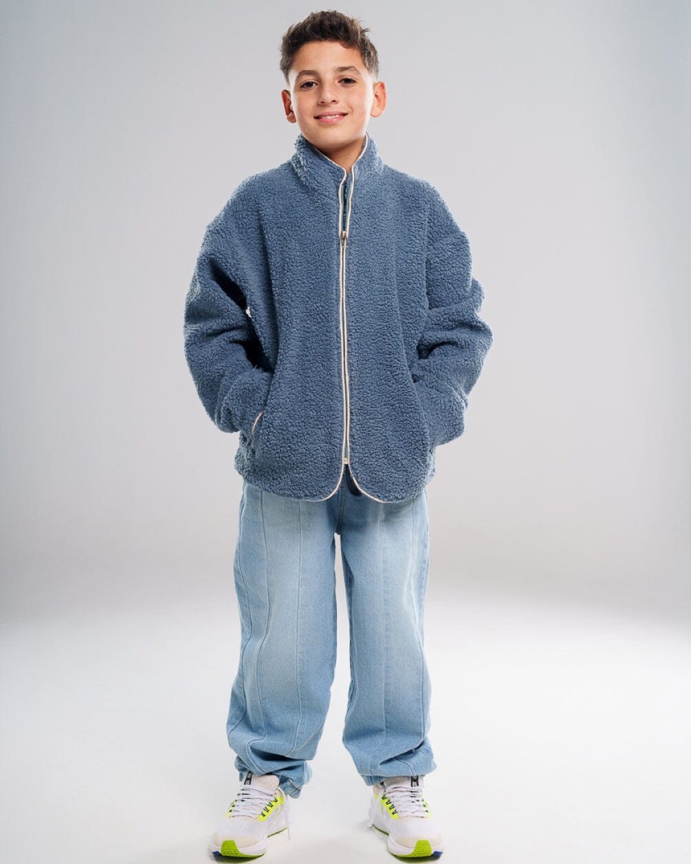 Teal With Bias Creamy White Kids Boxy Teddy Jacket Kids Jacket IN YOUR SHOE 4-5 