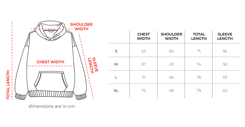 Black Basic Hoodie size chart