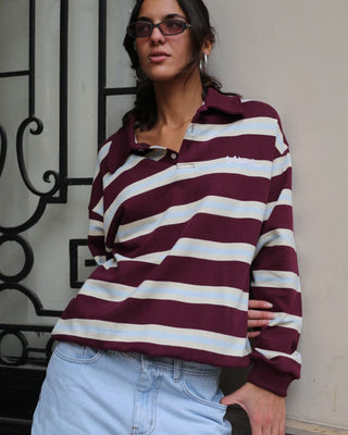 Wine Multicolor Striped Boxy Rugby Polo Polo T-Shirts IN YOUR SHOE L 