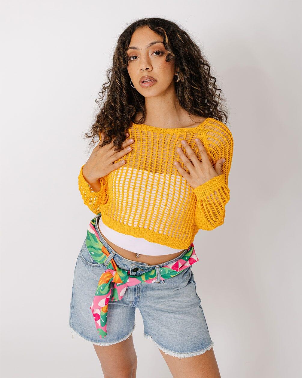 orange fishnet shirt